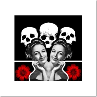 Beautiful woman face with skull and red flower Posters and Art